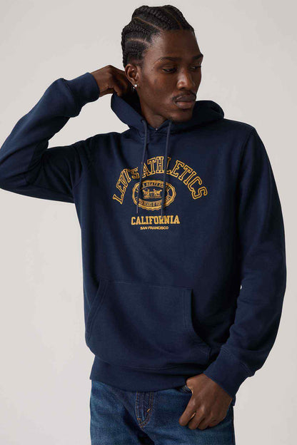 Levi's navy pullover hoodie with colorful chest logo and kangaroo pocket