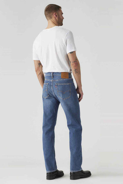 Men's medium indigo blue denim jeans, back yoke, belt loops, straight leg