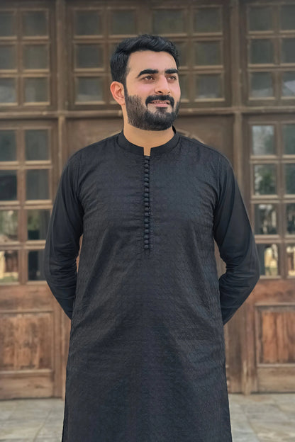 Mazham men's black kurta with front button placket