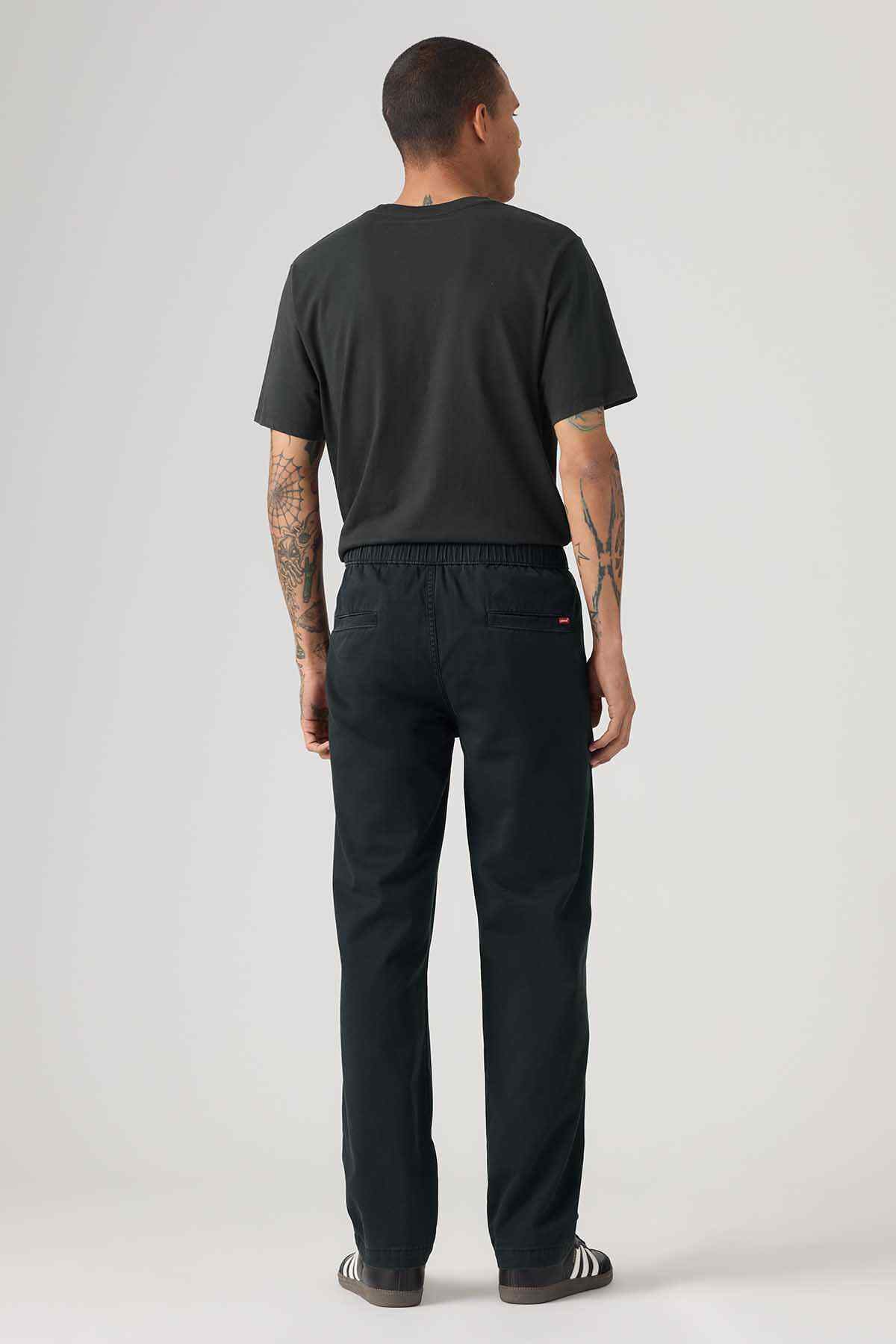 Men's black straight-leg pants with elastic waistband and back seam
