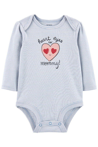 CARTER'S baby striped long-sleeve bodysuit, blue heart 'mommy' print