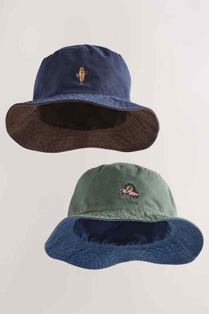 Bucket hat set: dark blue hat and green hat with blue brim, embroidered badges