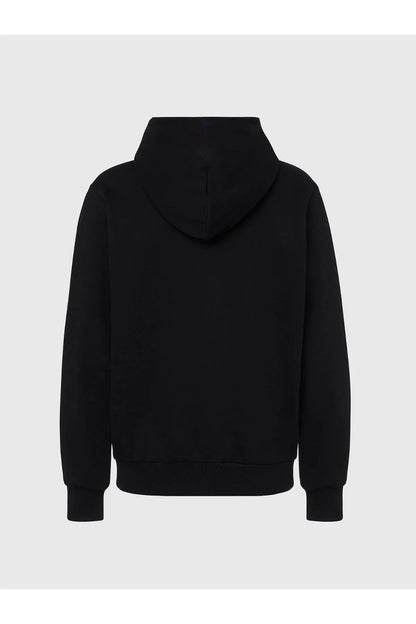 Black pullover hoodie with attached hood and ribbed cuffs, back view
