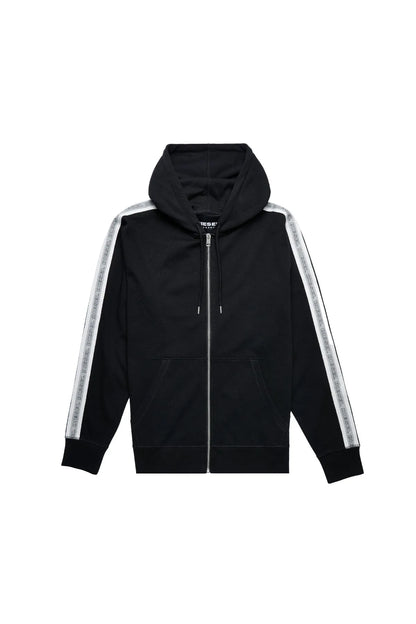 Diesel black zip-up hoodie with striped sleeves, hood and drawstrings