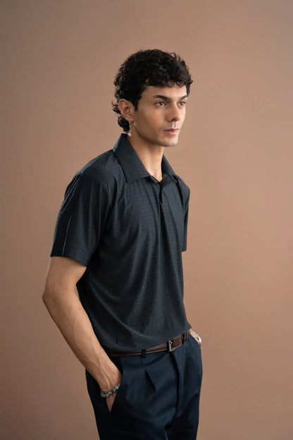 Men's dark textured polo shirt with open collar