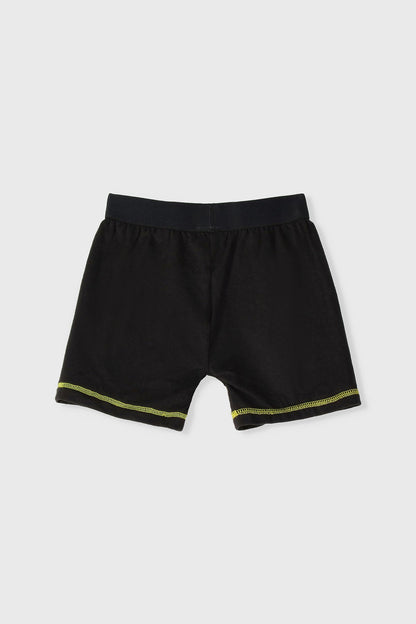 Boys' black Batman shorts with yellow piping along the hem