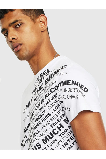 White Diesel crew-neck T-shirt with black text graphic print (close-up)