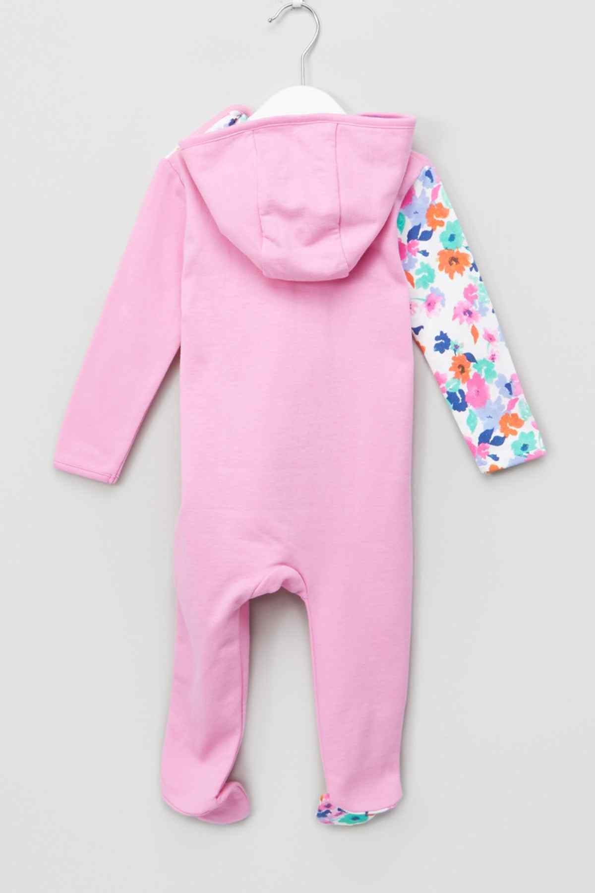 Pink hooded baby jumpsuit back view with floral sleeves and full-length legs