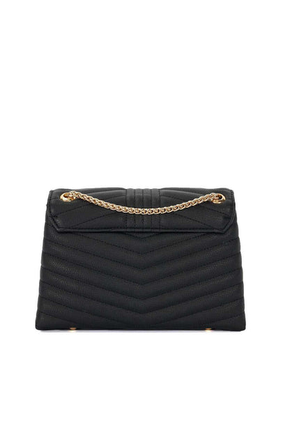 Black quilted shoulder bag with gold chain strap and flap top