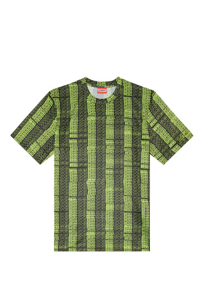 Neon green graphic crew-neck T-shirt with vertical stripe text pattern