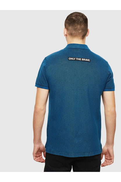 Diesel blue polo shirt back view with "ONLY THE BRAVE" badge