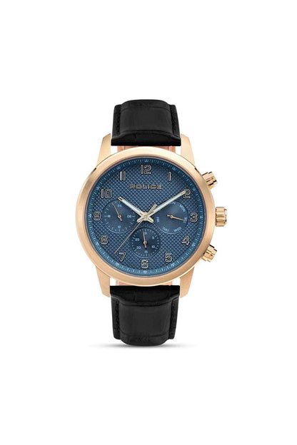 Police wristwatch with black leather strap, blue chronograph dial, rose-gold case
