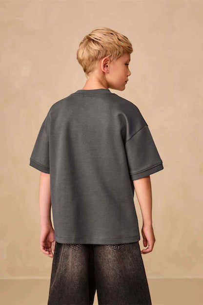Kids dark grey graphic T-shirt, back view, short sleeves and crew neck