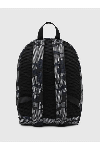 Black camo mesh backpack with two-tone back panel and shoulder straps