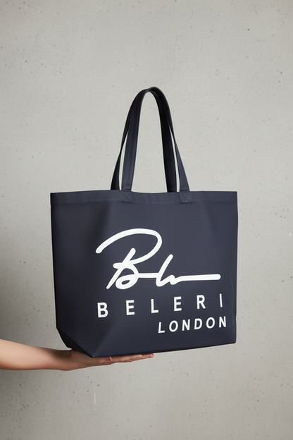 Indigo blue Beleri London tote bag with white logo, two handles, open top