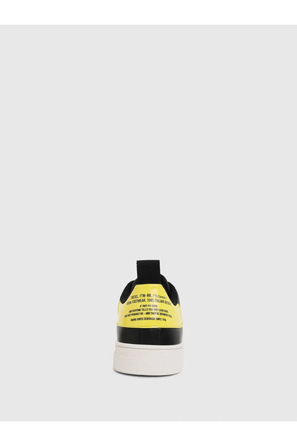 Diesel black low-top sneakers with yellow back heel label and white sole