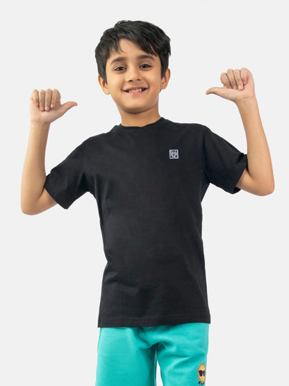 Brumano black cotton kids T-shirt, short sleeves, crew neck, small chest logo