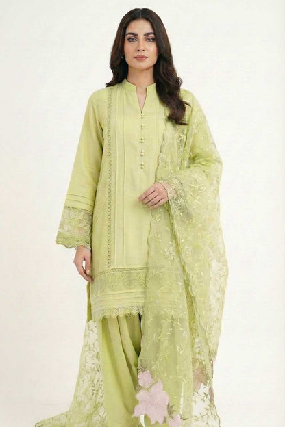 Light green embroidered kurta set with dupatta, buttoned front and floral accents