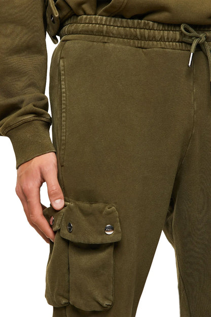 Olive cargo jogger pants with snap-flap pocket detail and ribbed cuffs