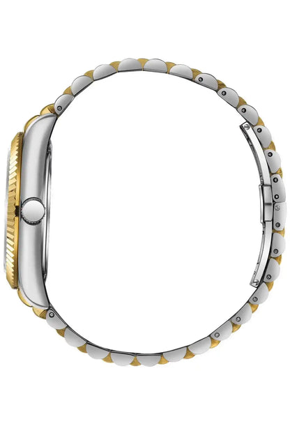 Two-tone gold and silver metal watch bracelet with round case, side profile