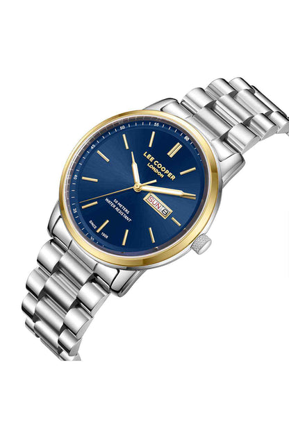 Silver-tone wristwatch with blue dial, gold bezel ring, linked bracelet