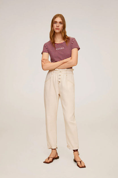 MANGO red and white striped T-shirt with cream drawstring waist pants, button front