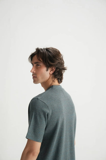 Gray short-sleeve T-shirt and matching shorts set, side view, crew neck