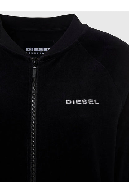 Black Diesel jacket close-up: stand collar and full zipper with chest logo