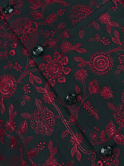 Burgundy floral-pattern fabric with black buttons detail