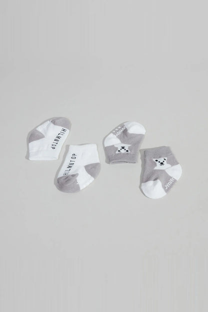 Baby socks set of four: white pairs and grey pairs with bear face appliques