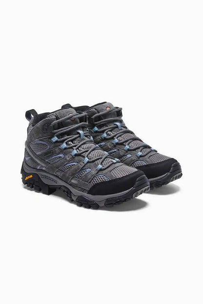 Merrell granite hiking shoe, front three-quarter view with blue lace accents