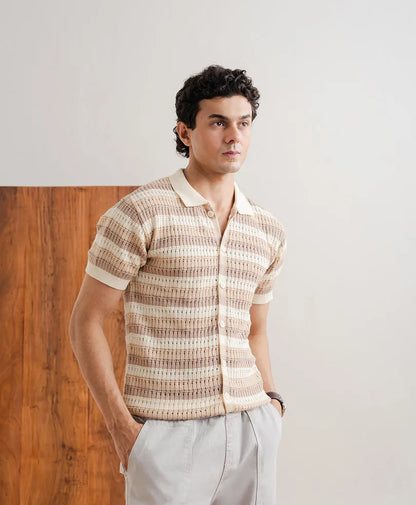 Fitted short-sleeve knit button-up shirt, cream with tan stripe pattern