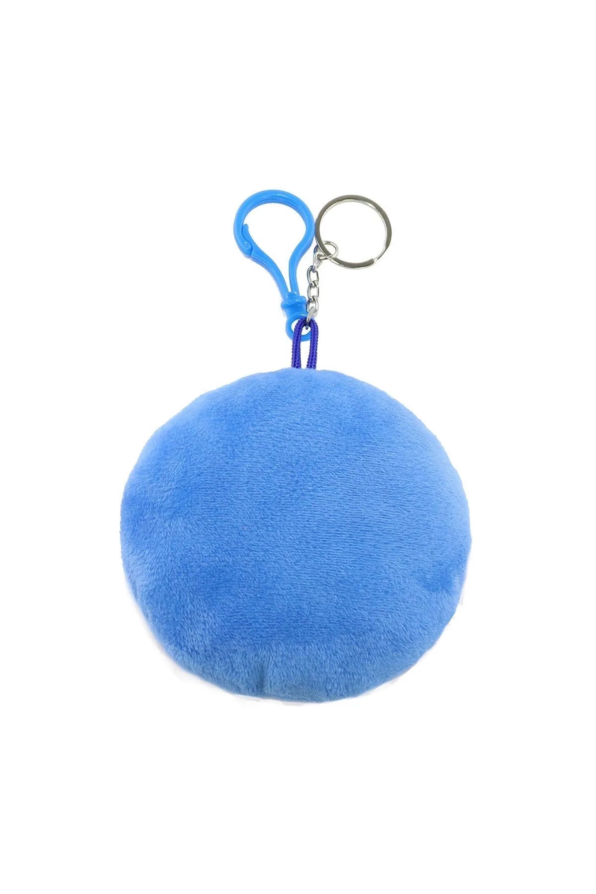 Blue plush round keychain with metal split ring and blue loop clip