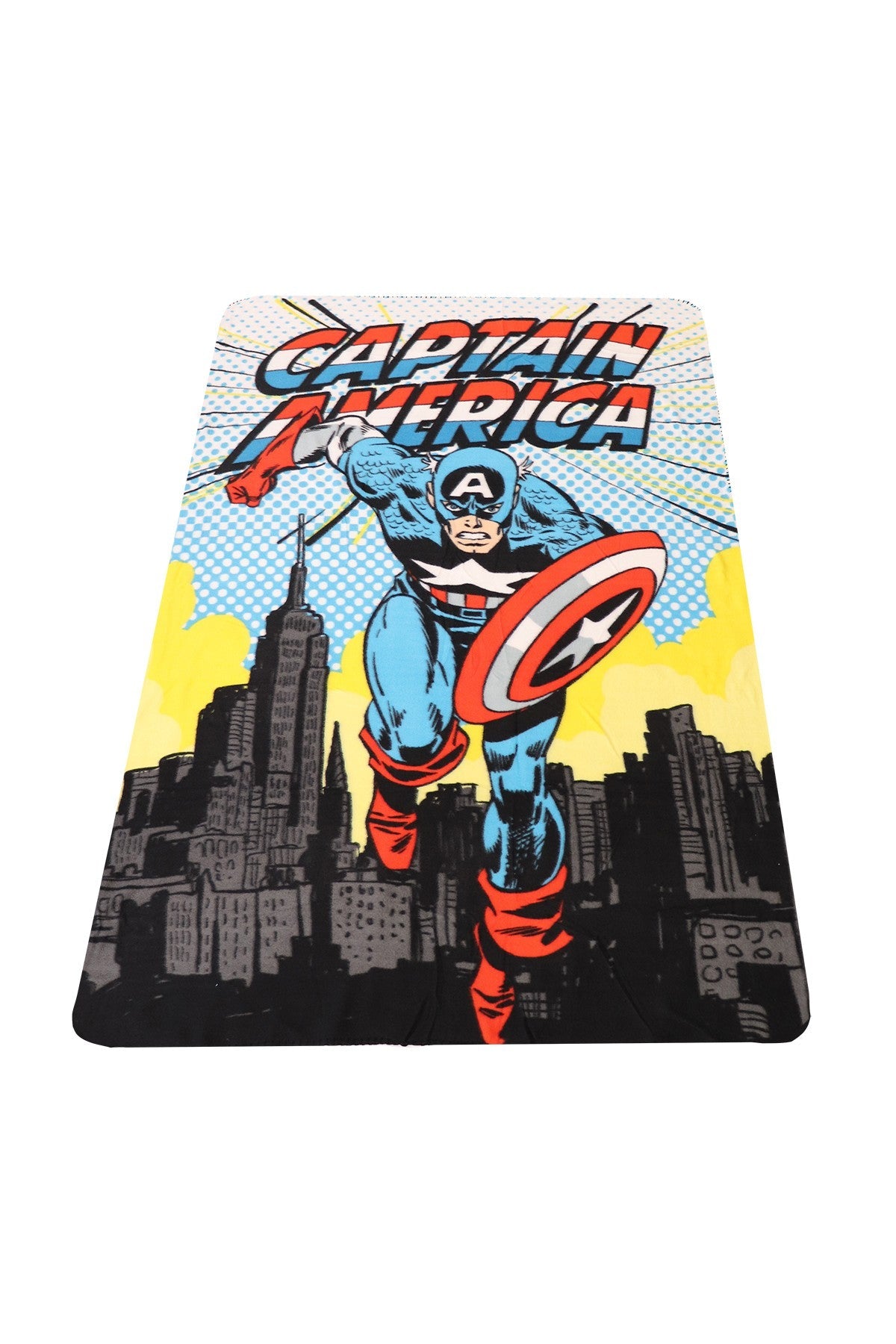 Disney Captain America graphic blanket with shield, city skyline and blue-red colors