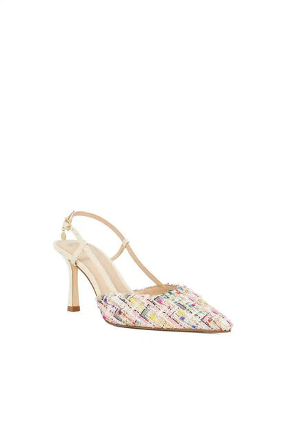 Multi-color woven pointed-toe slingback stiletto heel, side view