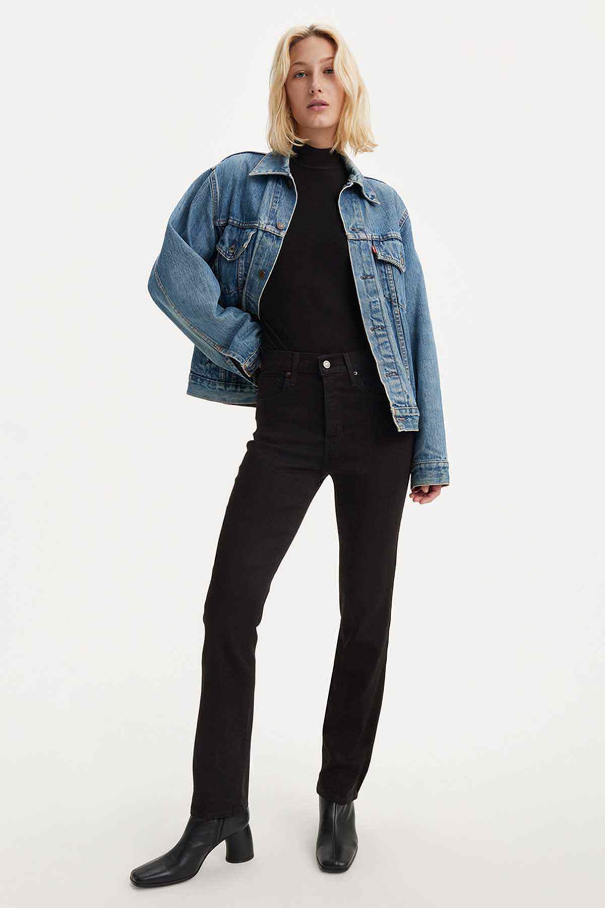 Levi's black jeans with button closure, belt loops, and straight legs