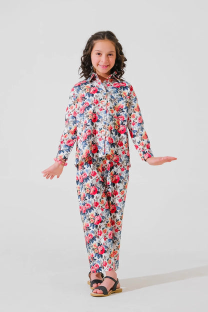 Girls floral long-sleeve ruffled top and matching pants set, blue and pink