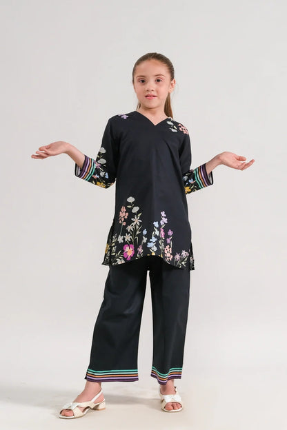 Kids black floral tunic and matching pants with wide striped cuffs and hem