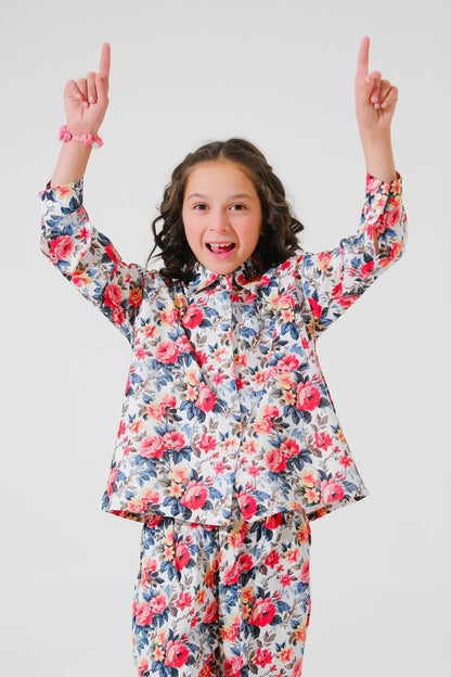 Girls floral long-sleeve ruffled peplum top and matching pants set, blue and pink