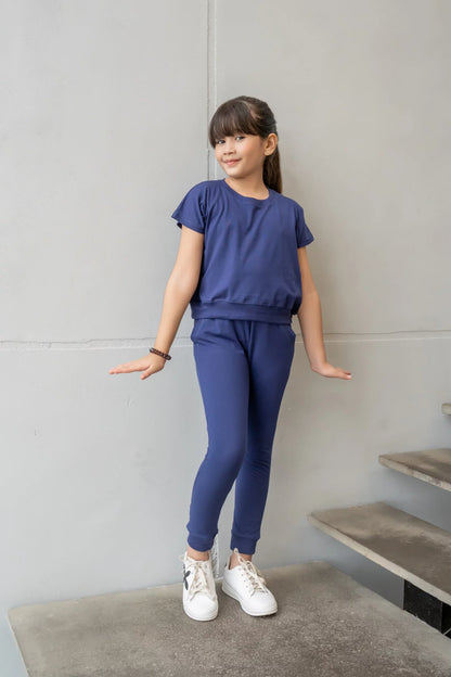 Dhaga navy short-sleeve top and jogger pants set with elastic waist