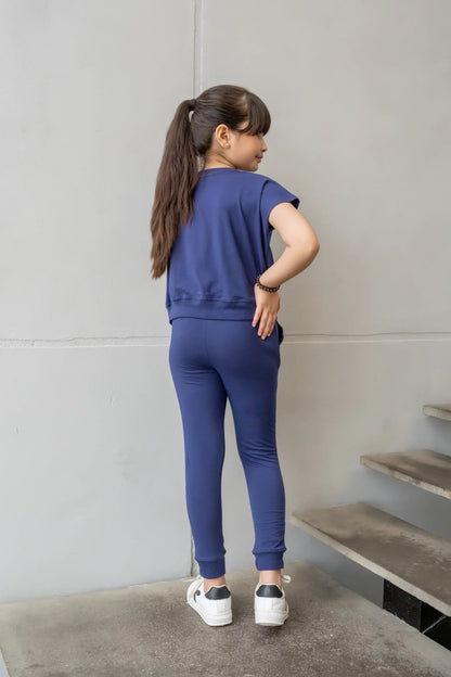 Dhaga navy short-sleeve top and jogger pants set, back view