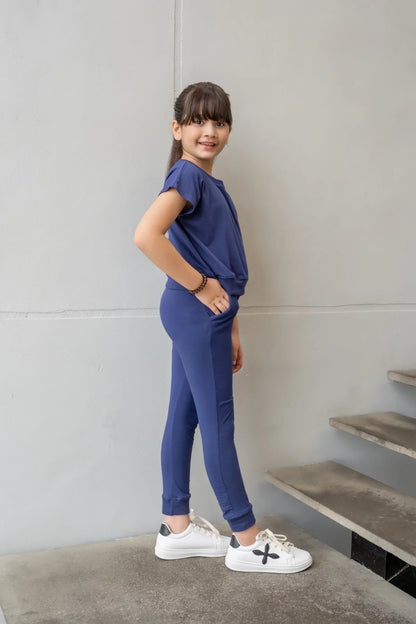Dhaga navy short-sleeve top with slim jogger pants and elastic waist