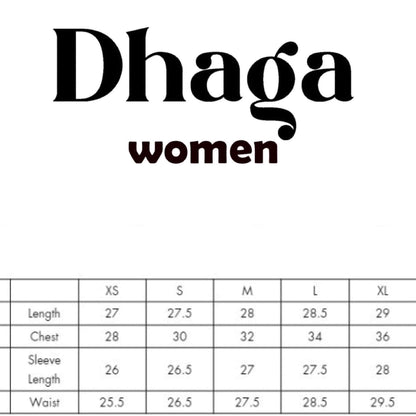 Dhaga women size chart with length, chest, sleeve, and waist measurements