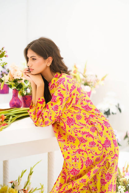 Dhaga printed long kurta in pink and yellow floral pattern, side view