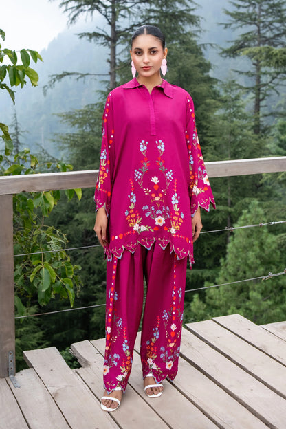 Dhaga floral kurta set: magenta tunic with button collar and matching printed pants