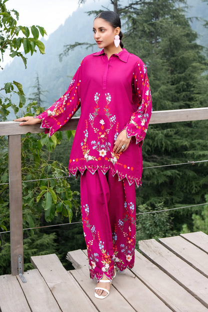 Dhaga floral kurta set with long magenta tunic, floral hem detail, and matching trousers