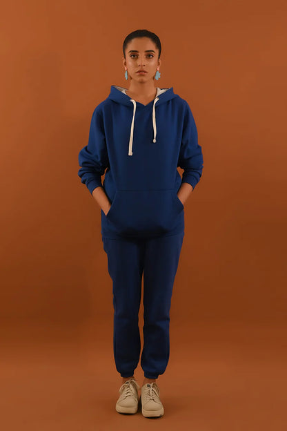 Dhaga blue hoodie with drawstring hood and front pocket, matching joggers set