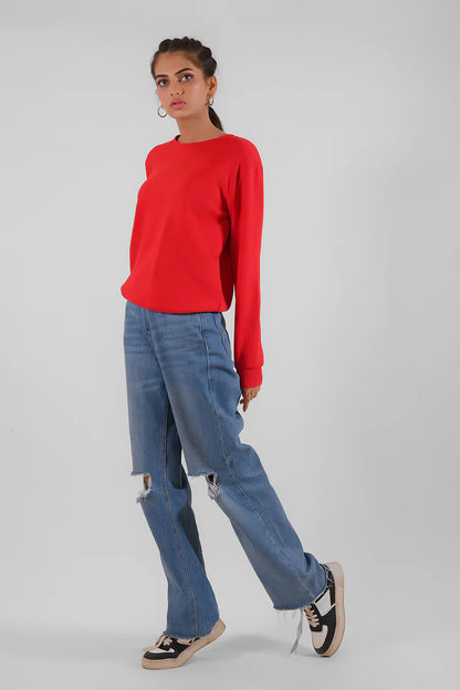 Red long-sleeve crewneck pullover top with straight hem