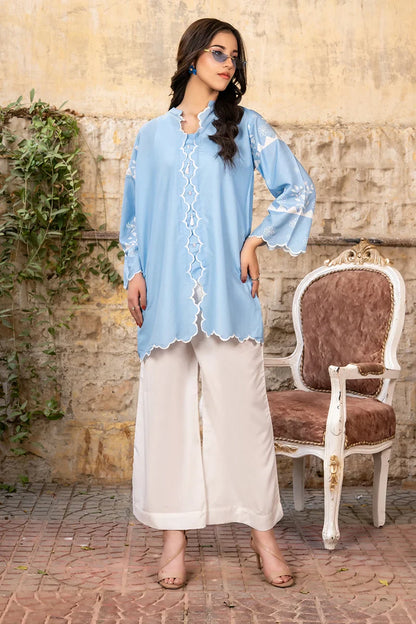 Dhaga light blue long tunic with vertical lace embroidery and white wide-leg pants