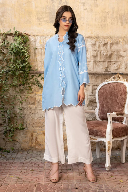 Dhaga light blue tunic with ruffled front lace detail and white wide-leg pants